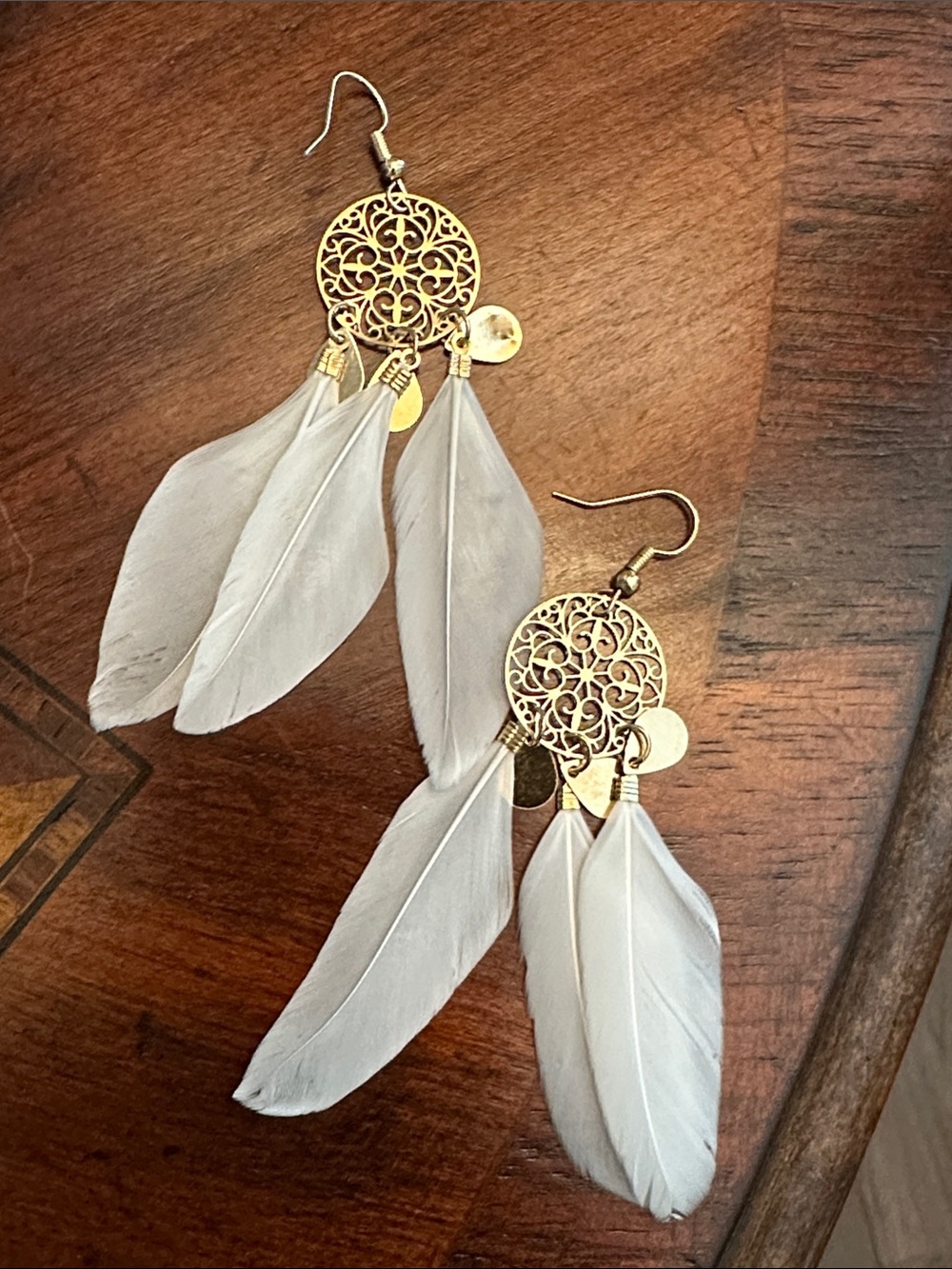 Gold Filigree Feather Drop Earrings - White Feathers
